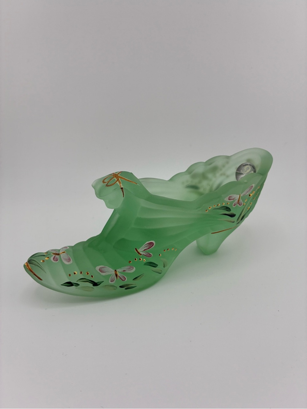 Fenton Green Frosted Glass Shoe with Pink Floral Accents and cat